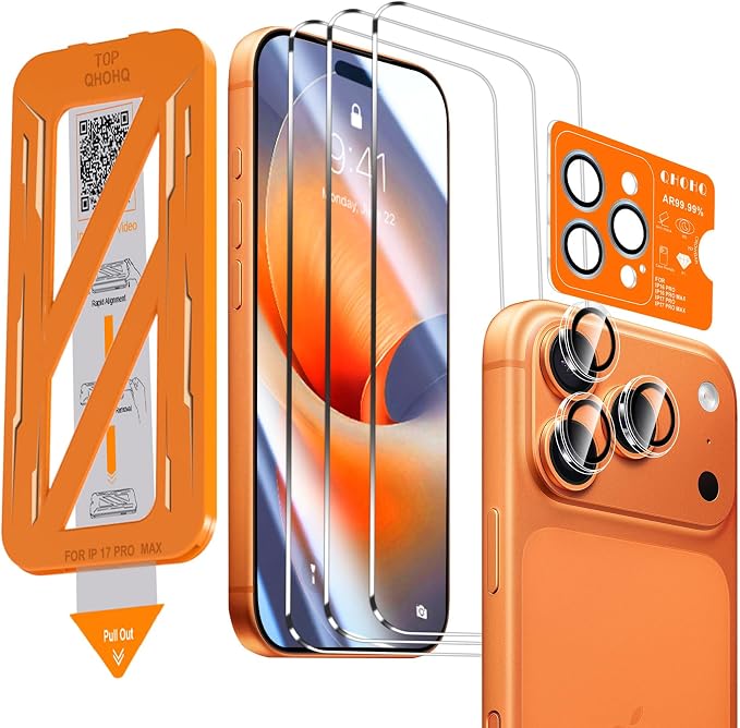 QHOHQ 3 Pack Screen Protector for iPhone 17 Pro Max + 1 Set Camera Lens