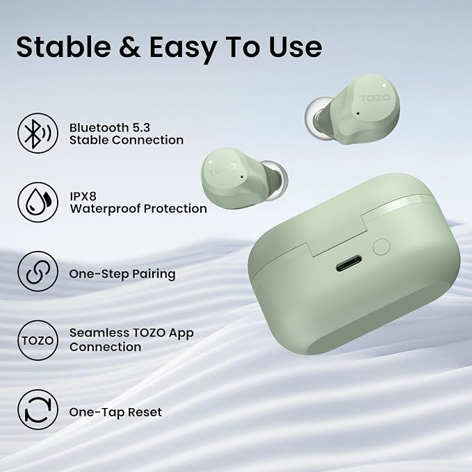 TOZO NC9 Hybrid Active Noise Cancelling Wireless Earbuds, 60H, LED Display | 6 Mic ENC Clear Calls, Deep Bass Sound, IPX8, in Ear Bluetooth 5.3 Headphones,32 EQs via APP, Comfort Fit Ear Buds, Green