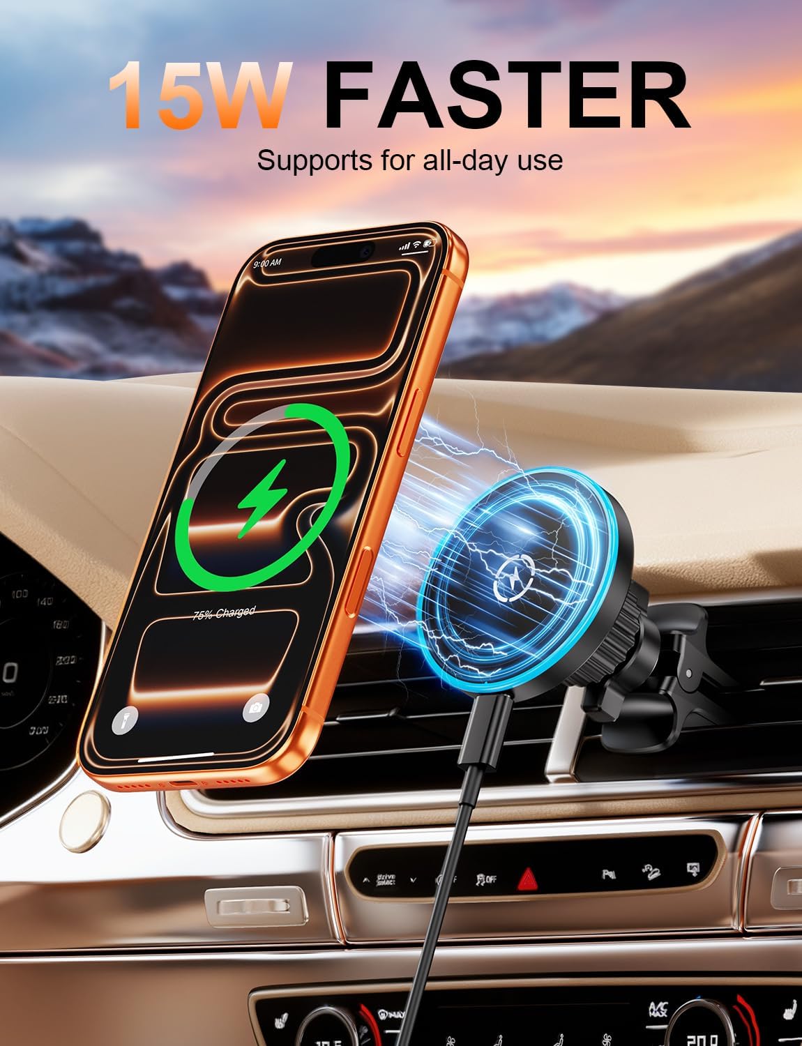 Magsafe Car Mount Charger, Strong Magnetic 15W Wireless Car Phone Charger