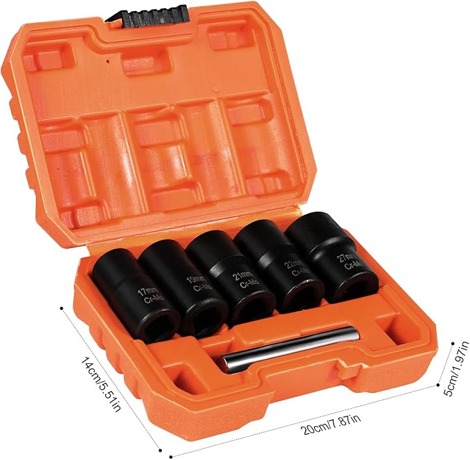 XEWEA Twist Socket Set with Center Punch Bar, 6PCS 1/2" Drive Metric Lug Nut Remover Tools for Broken, Stripped, Rounded Bolts & Nuts Screws -17mm 19mm 21mm 22mm 27mm