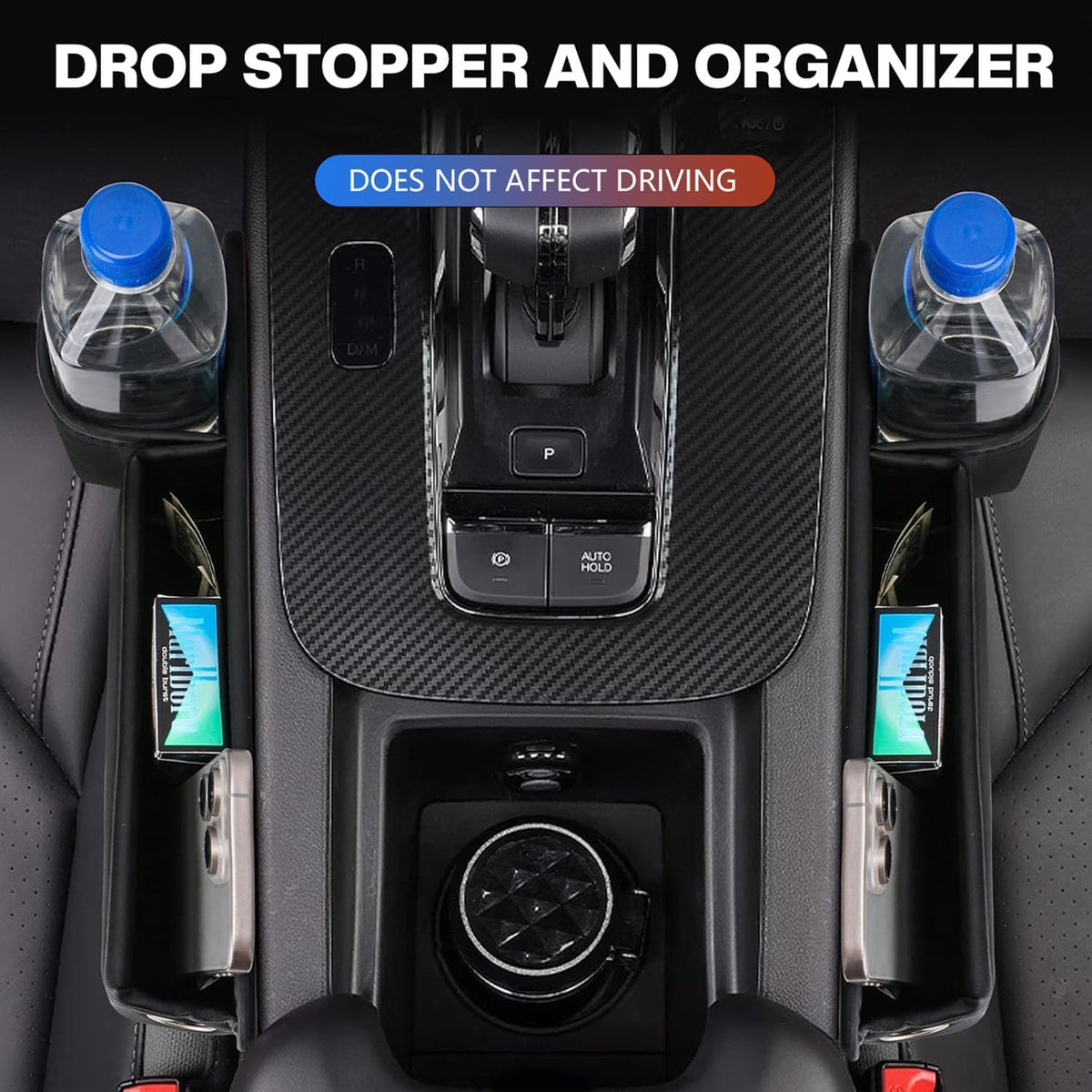 Car Leather Cup Holder Gap Bag, Car Seat Gap Filler Organizer with Water Cup Holder and Phone Charging Hole (White, A Pair)