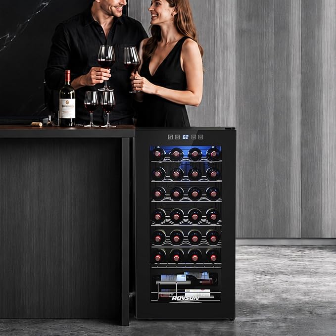 ROVSUN 28 Bottle Wine Fridge, Freestanding Compressor Wine Cooler Refrigerator, Beverage Wine Chiller with Digital Temperature Control & Double-layer Glass Door for Red White Wine, Champagne, Beer