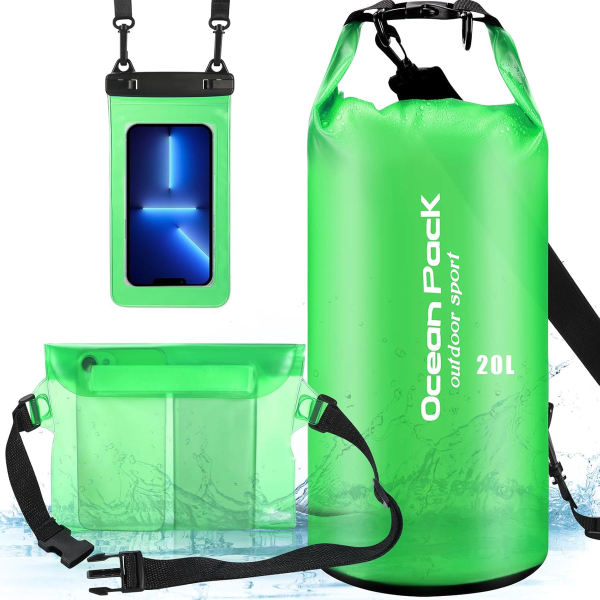 VZZNN Waterproof Dry Bag Set of 3 - 20L Lightweight Dry Sack with Waist Pouch & Phone Case | Green