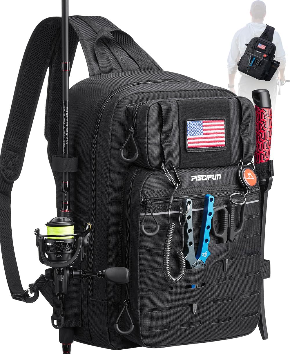 Piscifun Fishing Backpack - Water-Resistant Tackle Bag with 2 Rod Holders & Multi-Compartment Storage