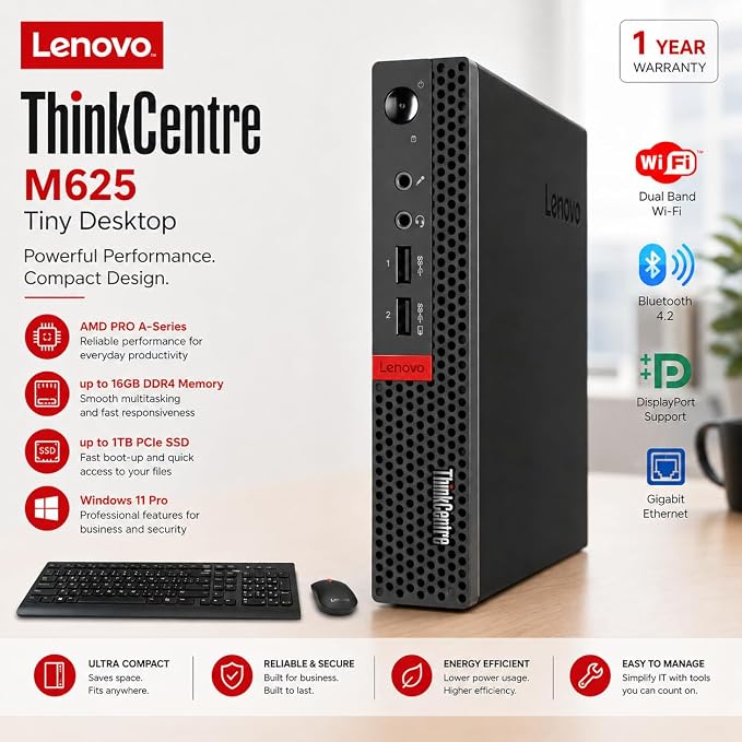 Lenovo ThinkCentre Mini Desktop Computer with AMD Processor & Graphics, 4GB DDR4 RAM, 128GB SSD, Windows 11, Wi-Fi, Bluetooth, 2X DisplayPort, RJ-45 Port, USB, for Daily Work, Wired Keyboard & Mouse