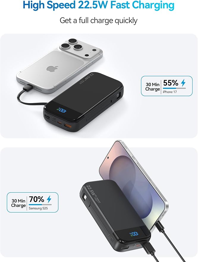 Portable Charger Power Bank Built-in Cables, 32000mAh 22.5W USB C Fast Charging, 5 Outputs 3 Inputs Travel Essentials Battery Pack Compatible with iPhone, iPad, Samsung, Google Pixel, Black