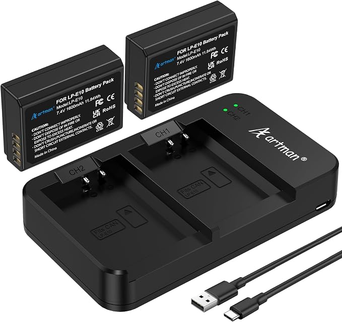 Artman LP-E10 Battery 2-Pack 1600mAh and Rapid Dual LP E10 Battery Charger