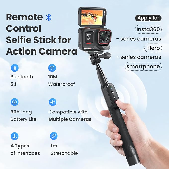 Remote Control Selfie Stick Rechargeable Waterproof 100CM Stretchable Compatible