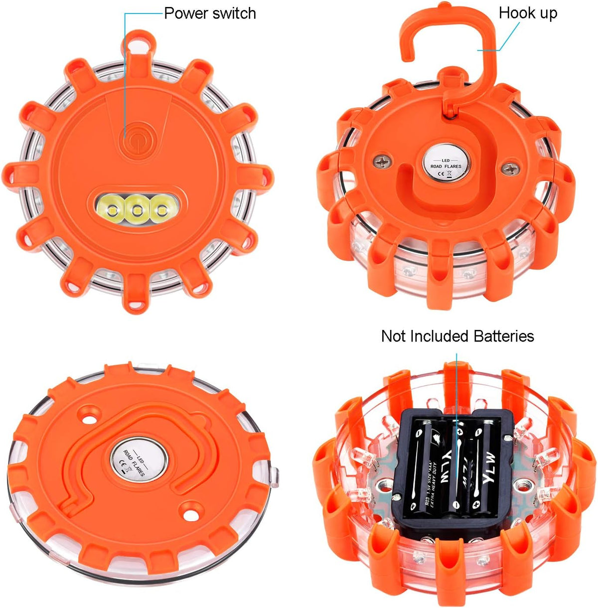 AK [4 Pack LED Road Flares Safety Flashing Warning Light Roadside Emergency Disc Beacon Kit for Vehicles Boats with Magnetic Base &amp; Hook, Premium Storage Bag (Batteries Not Included) (4)