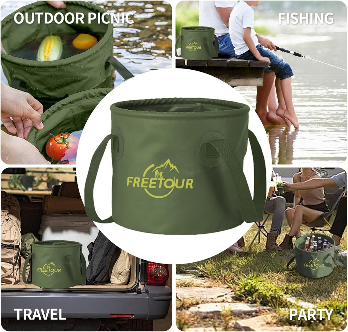 Baiao Collapsible Bucket 5 Gallon, Portable Collapsible Bucket with Handle, Folding Water Container for Fishing Camping Beach Hiking Home Travel Car Washing(Green 20L)
