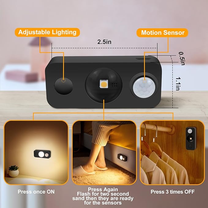 LED Motion Sensor Puck Lights, Rechargeable Cabinet Lights, Stick on Wireless LED Night Light for Closet, Drawer, Shelf, Under Cabinet, Warm White 8Pack, USB Charging Cord Included