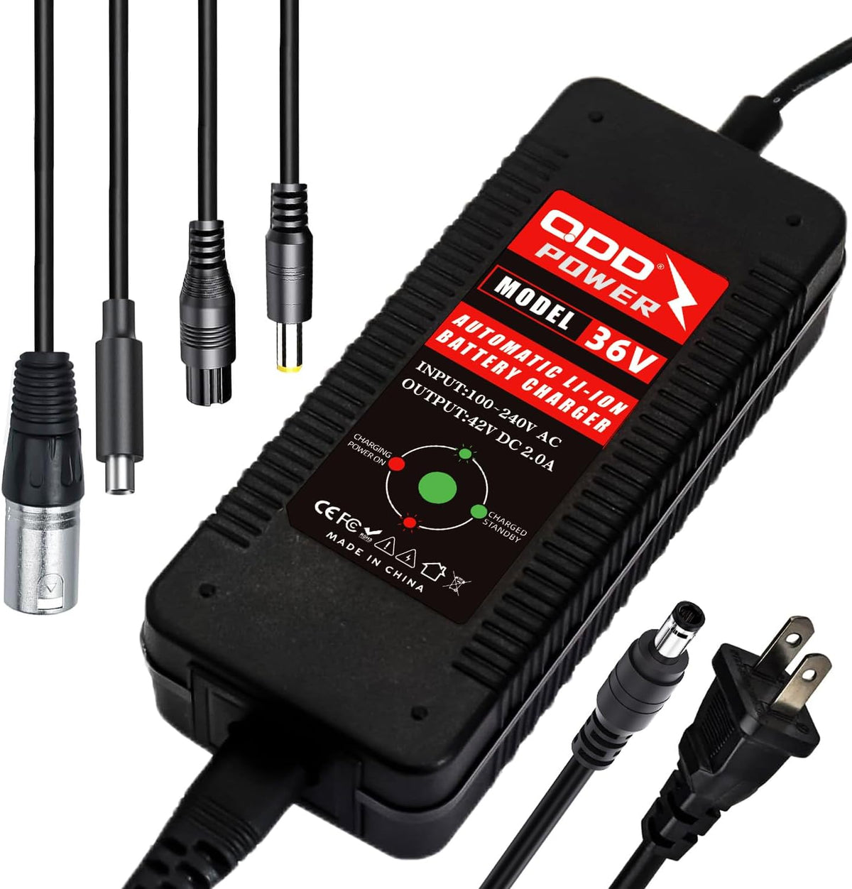 QDD 42V 2A Scooter Charger - Universal 4-in-1 Plugs for 36V 10S Lithium Batteries | Female DC 5.5mm-2.1mm Port