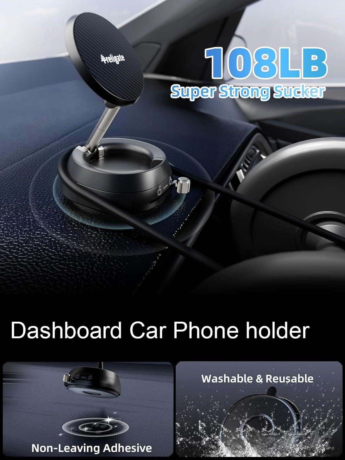 MagSafe Car Mount – Vacuum Suction Cup Phone Holder with Strong Magnet for Dashboard, Windshield, Desk & Gym, Magnetic Phone Mount for iPhone 17/16/15/14 Pro Max (Includes Metal Ring)