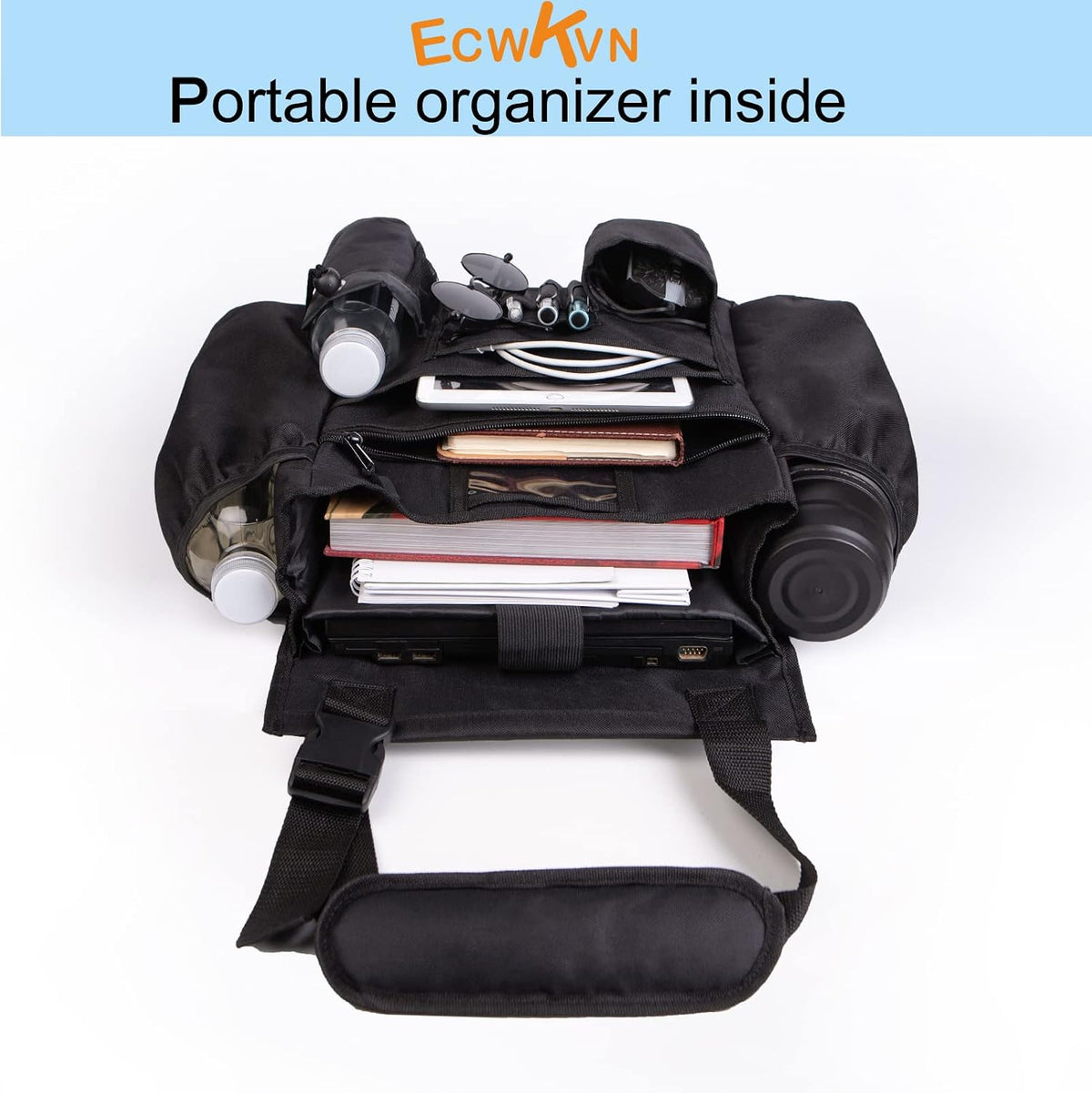 ECWKVN Car Front & Back Seat Organizer with Dedicated Tablet/Laptop Compartment, Passenger Seat File Storage with Cup Holder, Adjustable Backrest, and Padded Shoulder Strap
