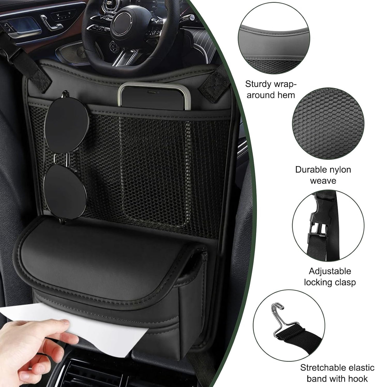 Ohleats Car Organizer Storage Between Seats, Nappa Leather Auto Handbag Holder for Document Phone Storage, Large Capacity Automotive Console Pocket Purse, Car Accessories (Black)