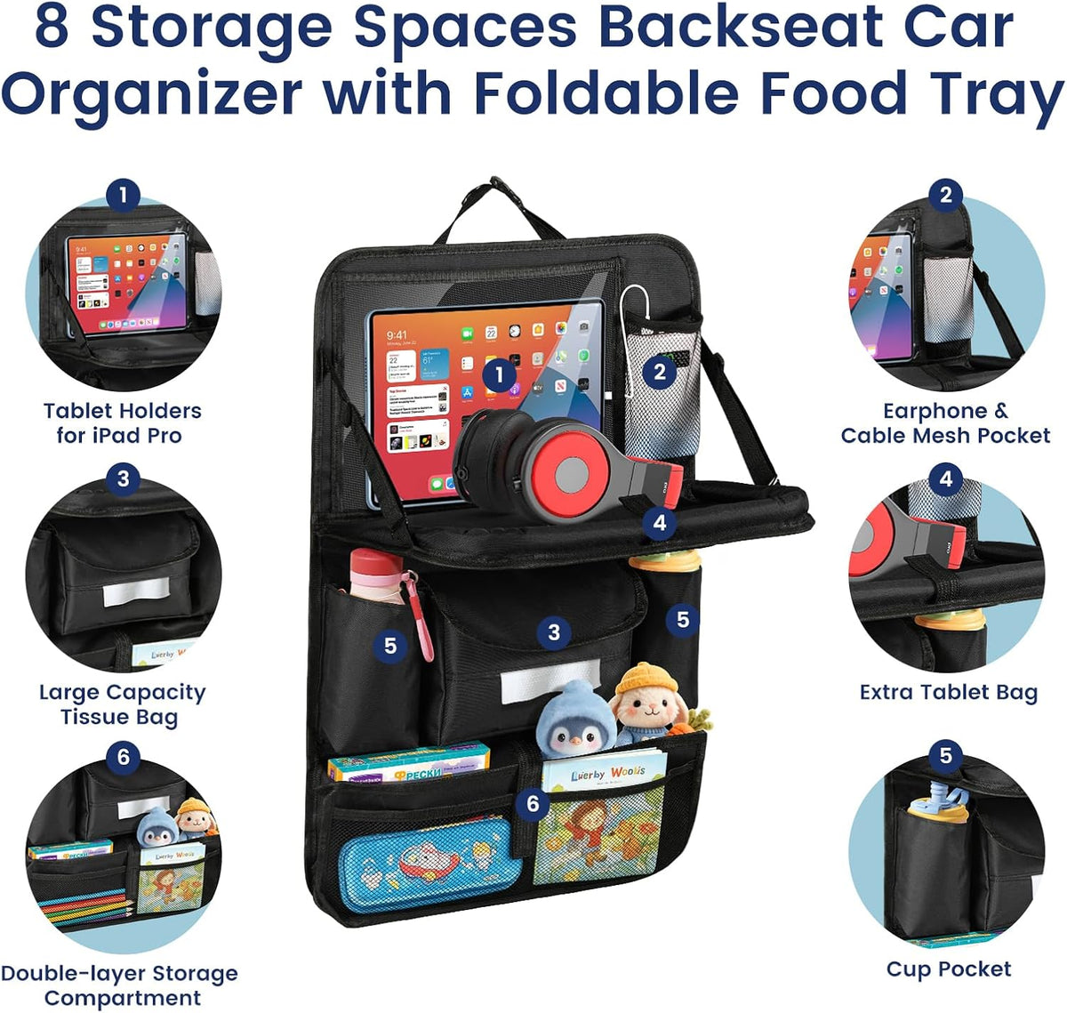 MoKo Car Organizer Back Seat, Backseat Car Organizer with Foldable Table Tray, 8 Pockets, Back Seat Organizer with Transparent Tablet Pocket for Road Trip, 600D Oxford Cloth, 2 Pack, Black