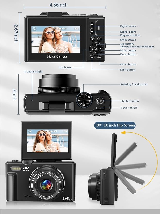 Digital Camera for Photography, 4K Vlogging Camera for YouTube 3" 180° Flip