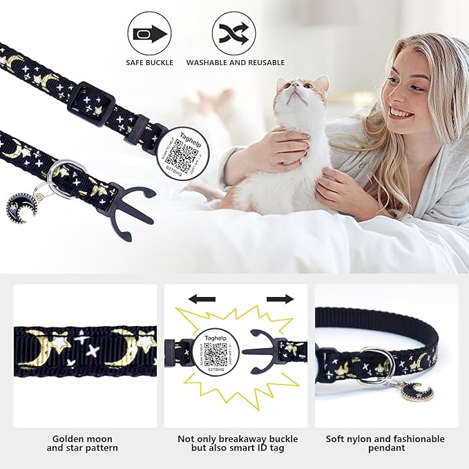 3 Pack Airtag Cat Collar, Breakaway Cat Airtag Collar with Gold Moons and Stars Lightweight Kitten Collar for Apple Air tag,GPS Tracker Holder for Cats, Kittens Cat Collar(Black & Blue & Pink)