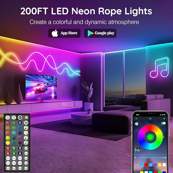 LETIANPAI 100Ft Neon Rope Lights,Flexible Led Rope Lights Control with App/Remote,Multiple Modes Music Sync Gaming RGB Led Neon Lights for Bedroom Outdoor (200FT/60M)
