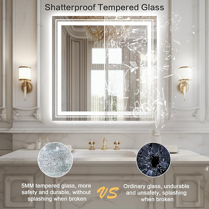 WTTY LED Bathroom Mirror 36"x36" with Backlit and Front Light,Stepless Dimmable LED Mirror for Bathroom,Anti-Fog Lighted Bathroom Vanity Mirror Modern,Memory Function,Shatter-Proof