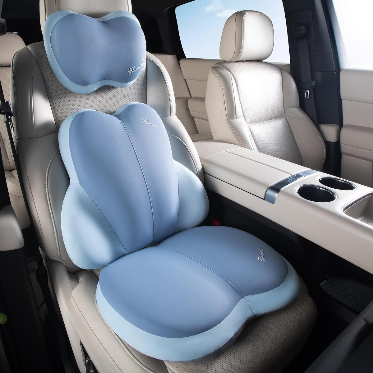 FLORICH 3 PCS Seat Cushion for Carseat Lumbar Support Pillow Car Neck Headrest Pillows Ultrathick Memory Foam Seat Pads Pressure Relief Back Cushion for Office Chair(Dark Blue)