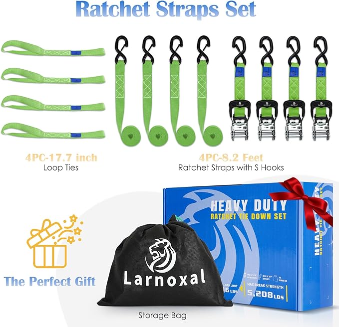 Ratchet Straps, 1.5 inch x 8.2 ft(4 Pack) Heavy Duty Tie Down Straps, Ratchet Tie Down Straps with Soft Loops-5,208 lbs (Green)