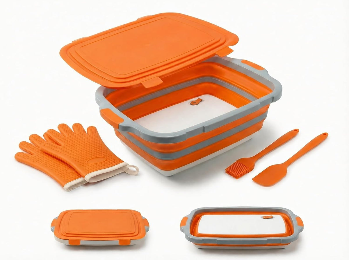 Collapsible BBQ Prep Tub with Lid & Cutting Board 16L - XL Meat Marinating Basin & Grill Carry System - 5pc Set with Heat Resistant Gloves, Basting Brush & Spatula(Orange, Large, 16L)