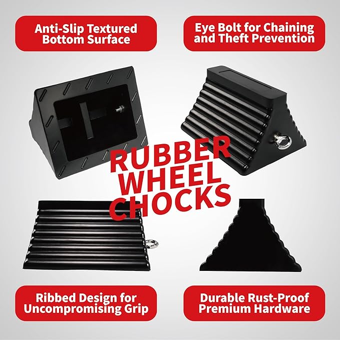 Heavy Duty Rubber Wheel Chocks with Eyebolt, Durable Rubber Made Tire Chalk Blocks, All-Weather, for Semi Trucks, Trailers, Cars, RVs or Other Heavy Equipments (2, Black)