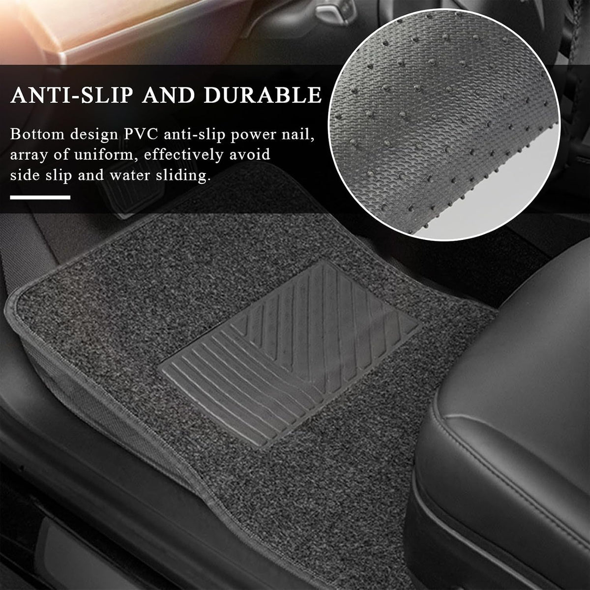 4PCS Car Floor Mats, Anti-Slip Waterproof Car Carpets with Safety Heel Pad, Heavy Duty Floor Mat for All Weather Protection, Universal Trim to Fit for Sedans Trucks SUVs (Black)