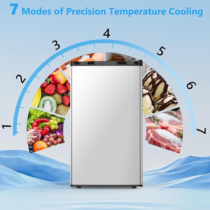 COWSAR 3.2 Cu.Ft Mini Fridge with Freezer for Bedroom Dorm, Silver | Single Reversible Door, 7 Temperature Settings, Energy Saving, 2 Removable Glass Shelves, Small Refrigerator for Apartment