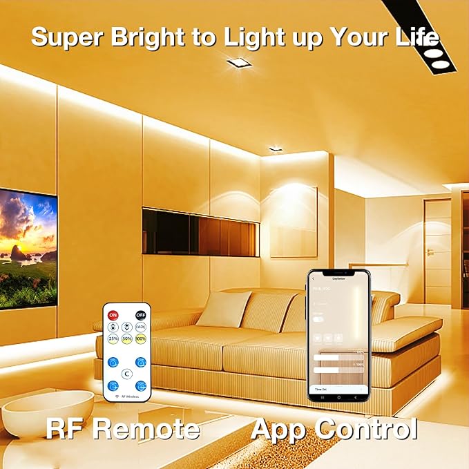 DAYBETTER COB LED Strip Lights, 16.4 ft/5 m 1600 LEDs Bright Warm White LED Light Strips with Remote and App, 3000K Dimmable LED Tape Light, Indoor COB LED Lights for Bedroom, DIY Lighting, Room Decor