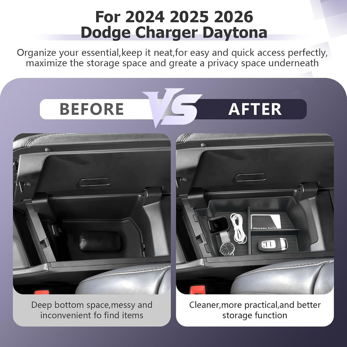 LUWU 2024-2027 Charger Daytona Center Console Organizer for 2024 2025 2026 2027 Charger Daytona R/T Scat Pack Accessories OEM Fit Armrest Console Storage Box Insert Tray Durable ABS Material Black