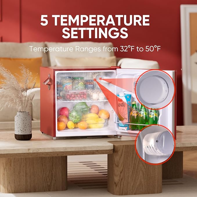 Upstreman 1.7 Cu.Ft Retro Mini Fridge, Low Noise, Energy Saving, Adjustable Thermostat, Single Door, Side Bottle Opener, Metal Handle, Compact Refrigerator for Office, Bedroom, Dorm-FR17 PRO (Red)