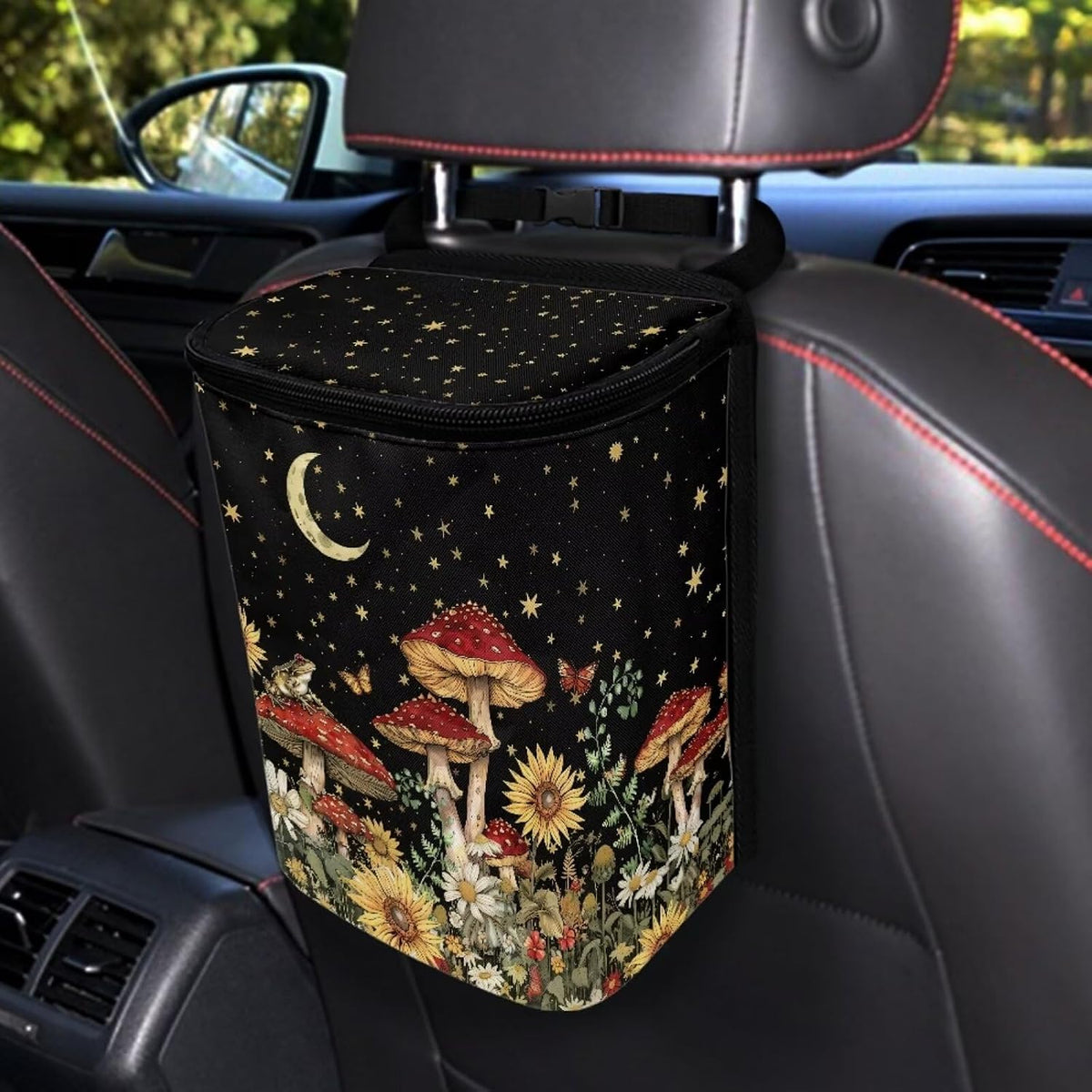 BIGCARJOB Mushroom Car Trash Can Bin for Back Seat, Portable Vehicle Trash Can with Mushroom Flower Print