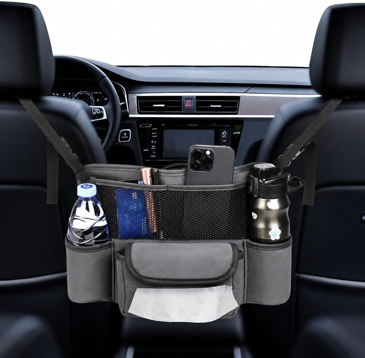 Car Handbag Holder Between Seats Suede Large Capacity Car Purse Holder Automotive Consoles, Fits Between Front Seats, Holds Wallet, Phone & Essentials (Grey)