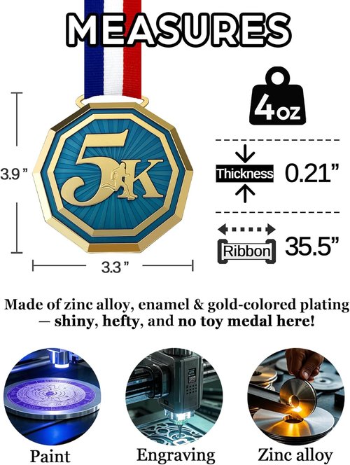 5K Running Medals - Heavy Duty 3'' Double-Sided Trophy Medal | 3D Engraved Award for Adult Competitions