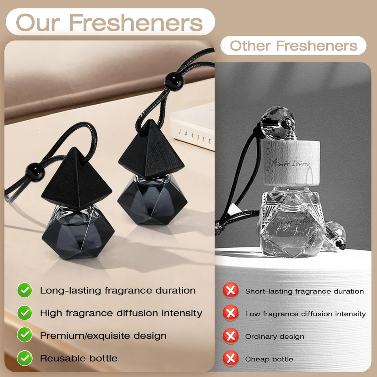 Luxury Perfume Scented Car Air Freshener - Hanging Essential Oil Diffuser with 90-Day Long-Lasting Fragrance, Premium Gift for Women(Pure white linen Scent, 2 x 8ml)