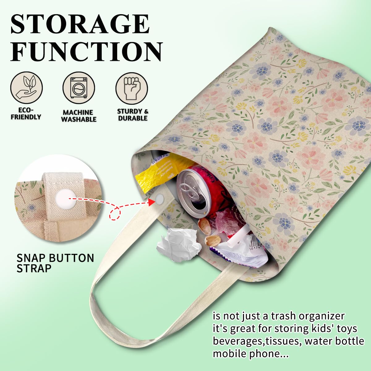 Car Trash Can, Cute Car Trash Bag, Hanging Car Organizer and Storage Bag, Trash Bin for Car Accessories, Vehicle, Travelling, Camping Cute Pastel Floral