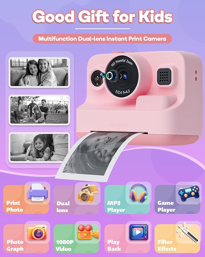 Dylanto Kids Camera Instant Print, 1080P Kids Instant Cameras that Print Photos