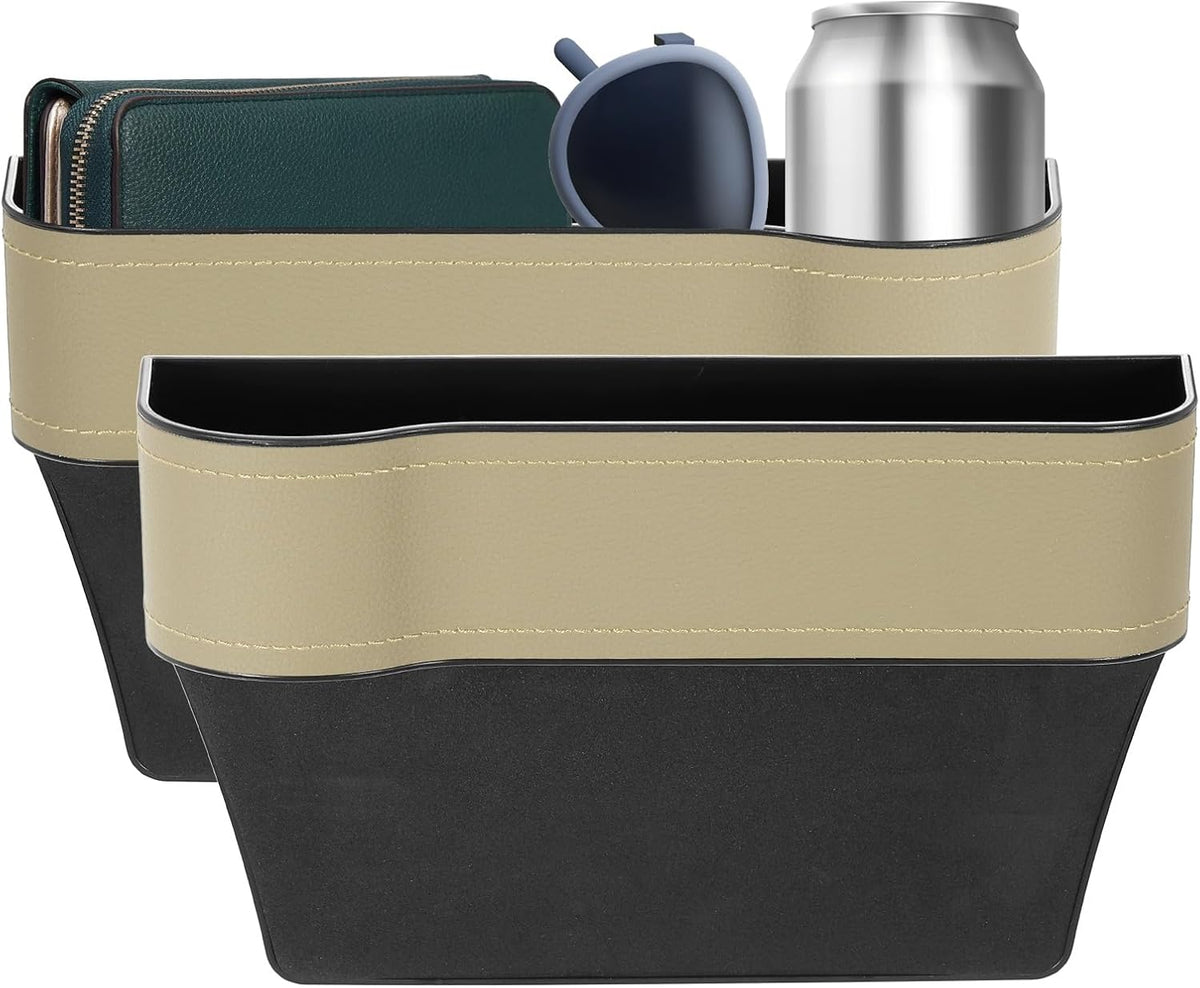 HARFINGTON 2pcs Car Seat Gap Filler Organizer 10.2 x 6.5 x 3.1 Inch ABS+Leather Universal Car Organizer Storage Box Between Seat and Console (Left+Right) with Cup Holders for Phone, Beige