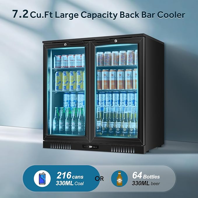 Back Bar Cooler 2 Door 216 Can Black | built-in/free, fast cool, temp memory, 2 locks, LED, low-e glass