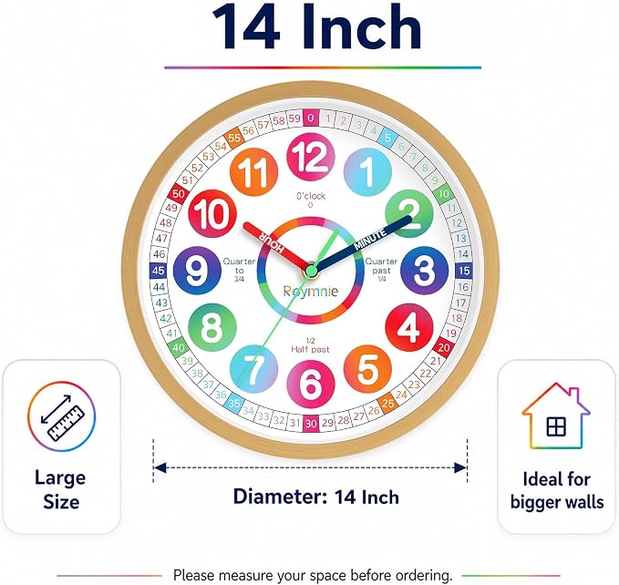 Roymnie Wall Clock Battery Operated 14 Inch Silent Non Ticking Large Teaching