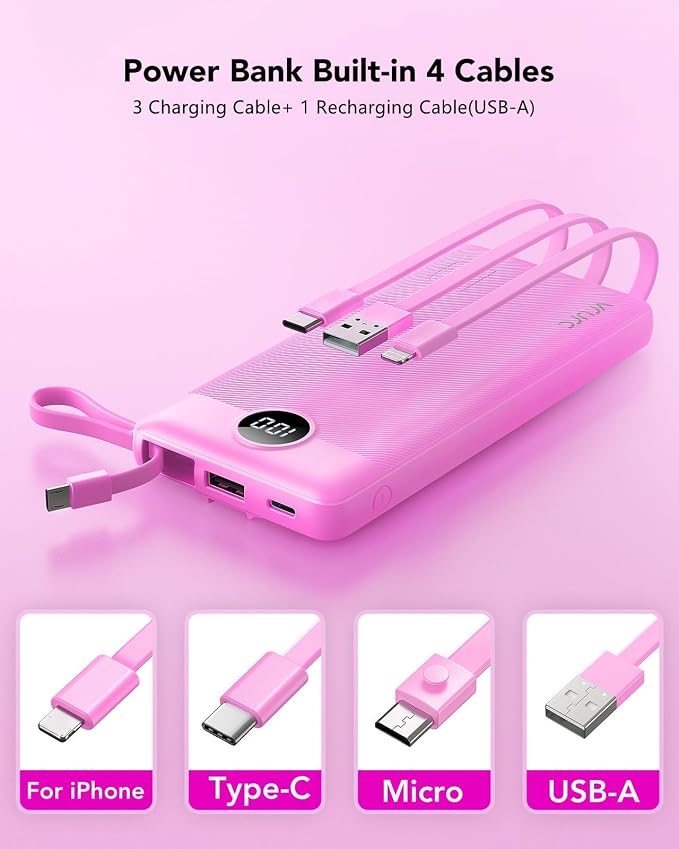 VRURC Portable Charger 10000mAh, Travel Essentials Battery Pack, 5 Output 2 Input Power Bank, Built-in Micro & USB C Cables Phone Charger for iPhone 17 Pro 17 16 15 14 13,Android-Purple(1 Pack)