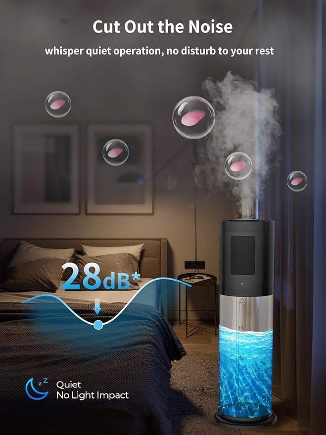 8L Humidifiers for Bedroom, 30dB Quiet, 500ft² Coverage, 60H Runtime, Top Fill, 3-in-1 Humidifier Large Room & Essential Oil Diffuser & Ambient Light, Sleep Mode, 16H Timer, Auto Shutoff Protection