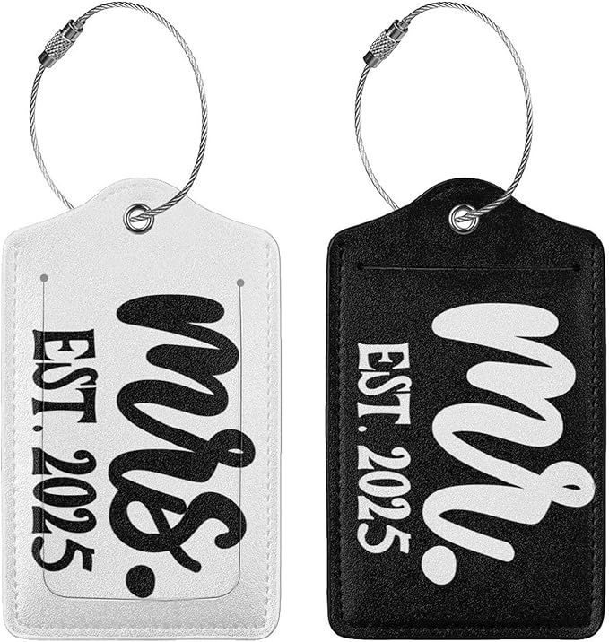 2 Pcs 2025 Mrs Mr Luggage Tag for Suitcase, Steel Loop with Privacy Cover ID Label, Engagement Wedding Gift for Women Men Couple Bride Groom