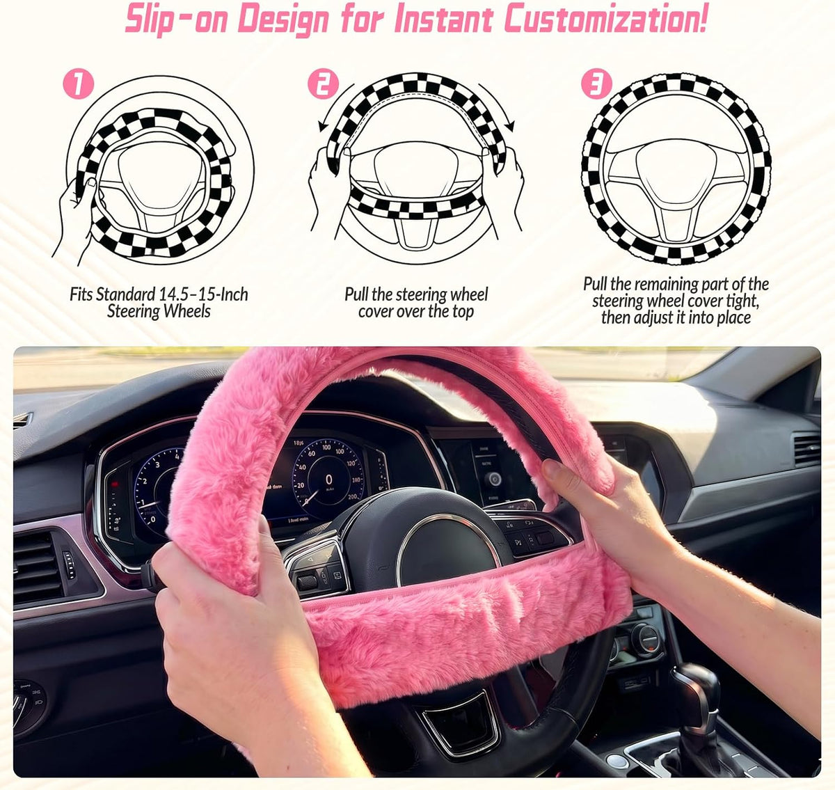 5 Pcs Fuzzy Pink Color Car Accessories Set, Soft Fluffy Plush Steering Wheel Cover, Center Console Armrest Pad & Rearview Mirror Cover - Interior Decorations for Women,Universal Fit (Pink)