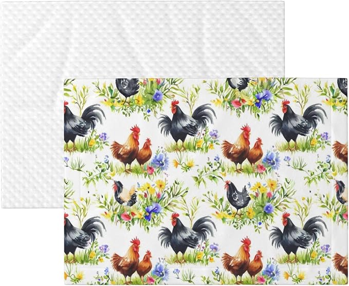 Two Sided Pet Cuddler Blanket for Anxiety Calming, Rooster Chicken Watercolor Flowers, Reversible Plush Design with Bubble Dot Pattern Provides Familiar Surface Anywhere