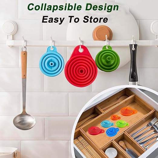 Kitchen Funnel Set of 6,Large Medium and Small,2025 Upgrade Silicone Kitchen Gadgets Accessories Food Grade Collapsible Funnels for Kitchen Use Filling Bottles Liquid Powder Transfer