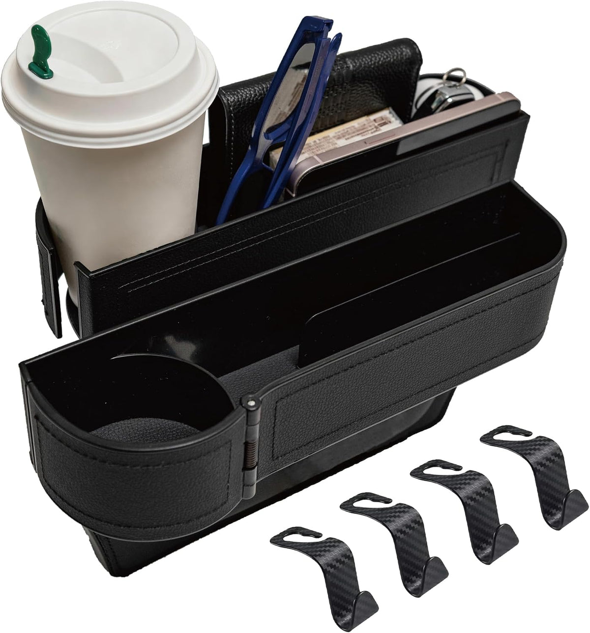 Car Seat Gap Filler Organizer,2 Pack Car Leather Cup Holder Gap Bag,Car Seat Storage Box with Cup Holder Expander,Car Organizer Front Seat for Holding Phone, Glasses, Keys, Cards (Black)