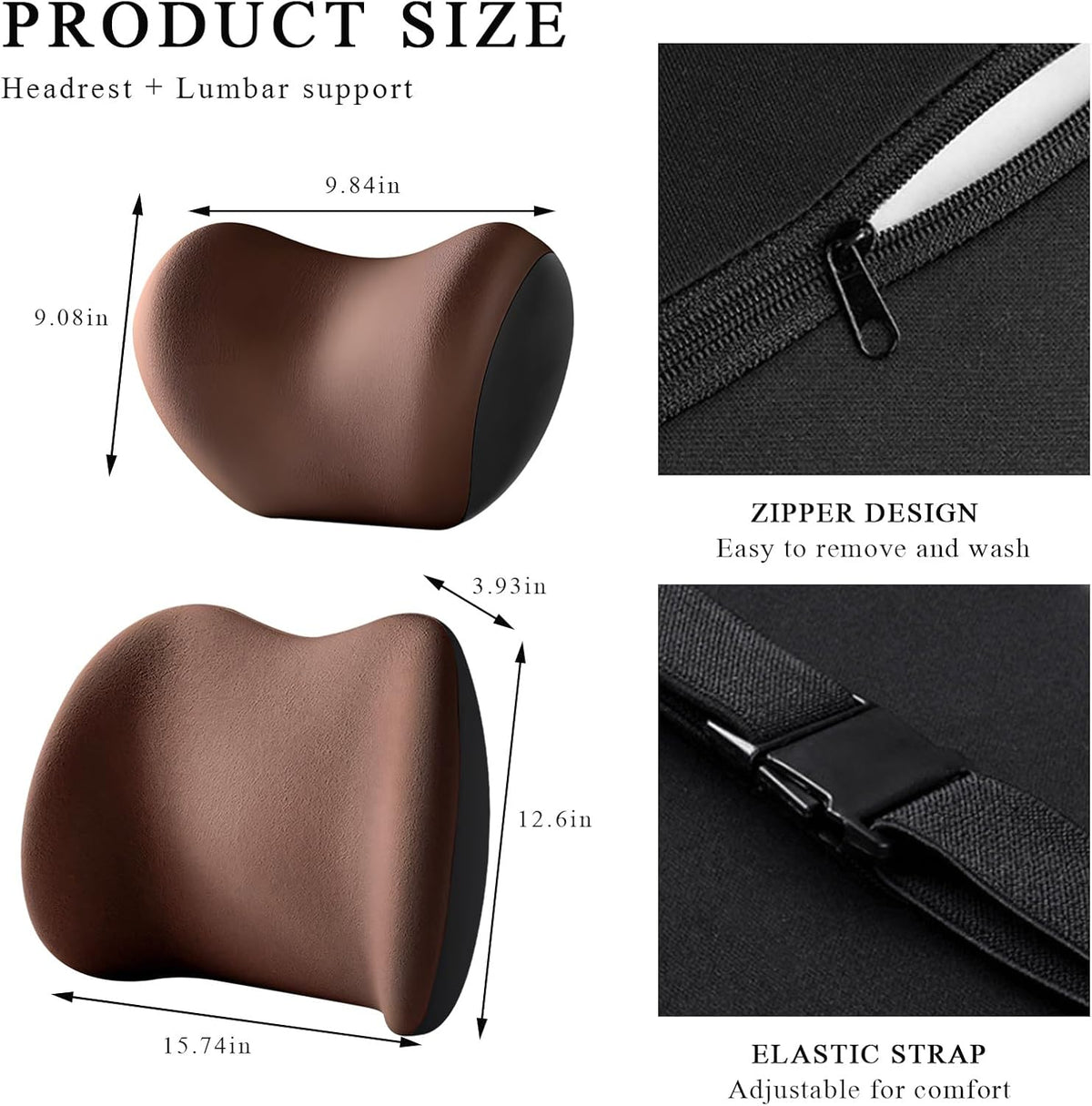 Car Headrest & Lumbar Support Cushion, Ergonomic Memory Foam Car Neck Back Support w/Removable Cover, Universal Breathable Lumbar Cushion Headrest Pillow with Adjusatble Strap (Coffee)